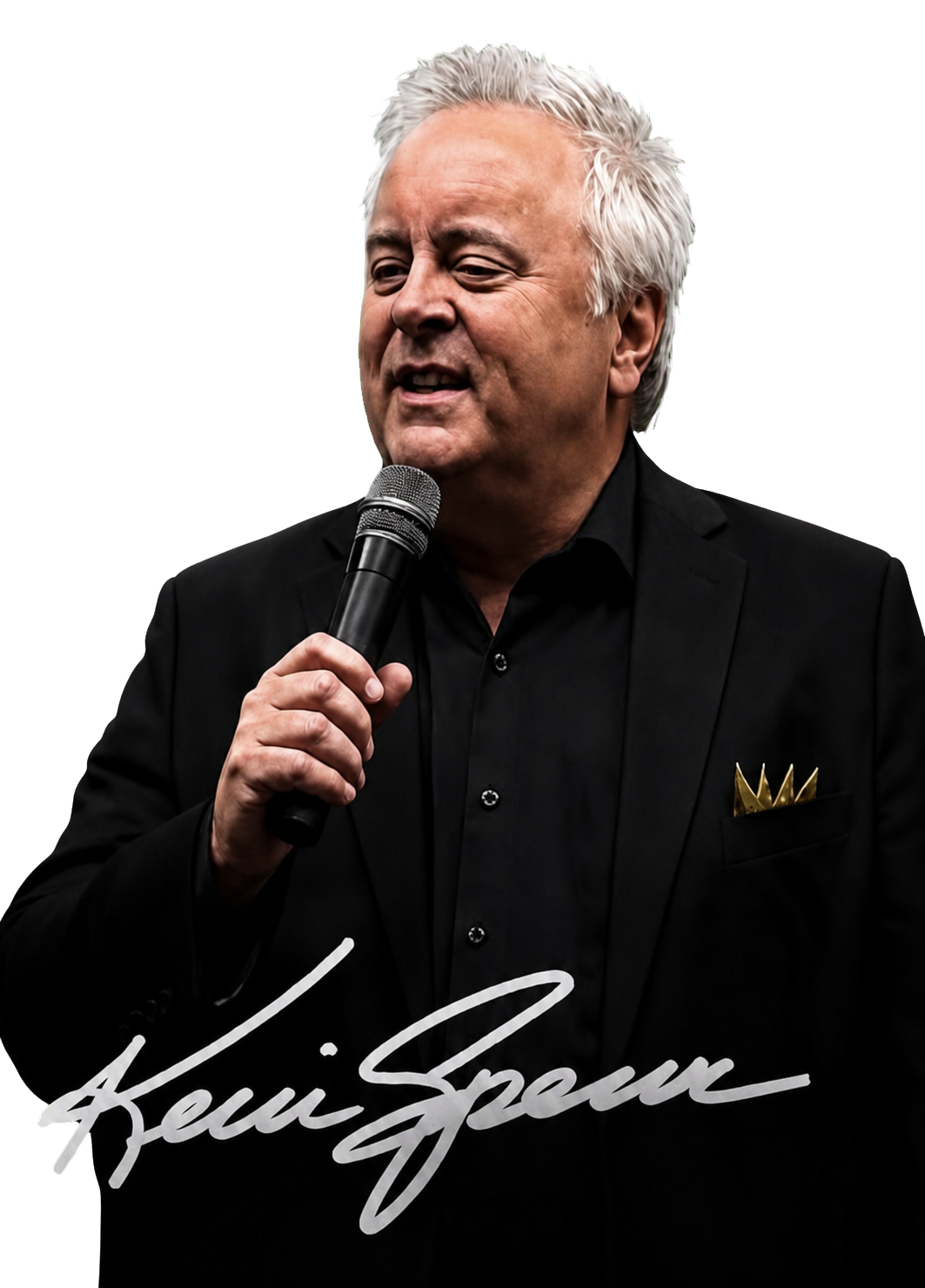 Kevin Spencer singing with a microphone with his signature